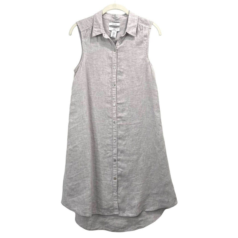 NEW Halston 100% linen button up sleeveless‎ shirt dress Size XS neutral greige